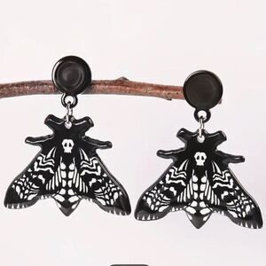 Deathhead Moth Acrylic Earrings Halloween Goth Black & White Skull